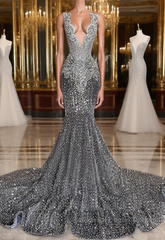 Mermaid Jewel Sequined Floor-length Sleeveless Appliques Lace Semi Formal Prom Dresses